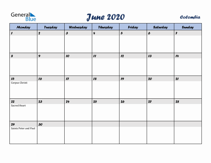 June 2020 Calendar with Holidays in Colombia