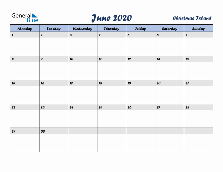 June 2020 Calendar with Holidays in Christmas Island