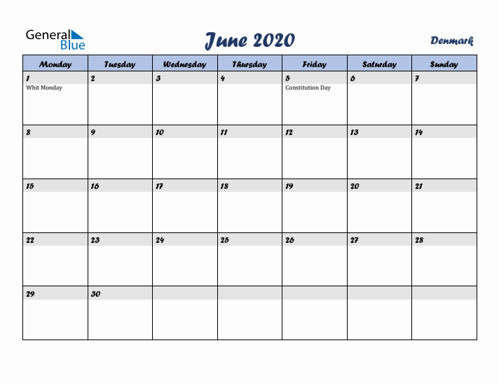 June 2020 Calendar with Holidays in Denmark