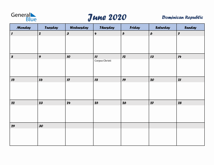 June 2020 Calendar with Holidays in Dominican Republic