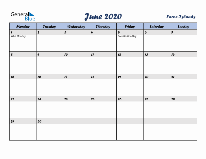 June 2020 Calendar with Holidays in Faroe Islands