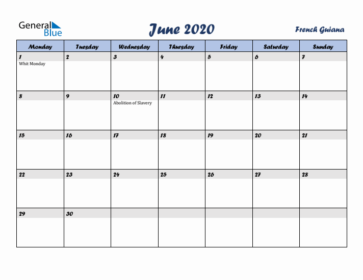 June 2020 Calendar with Holidays in French Guiana