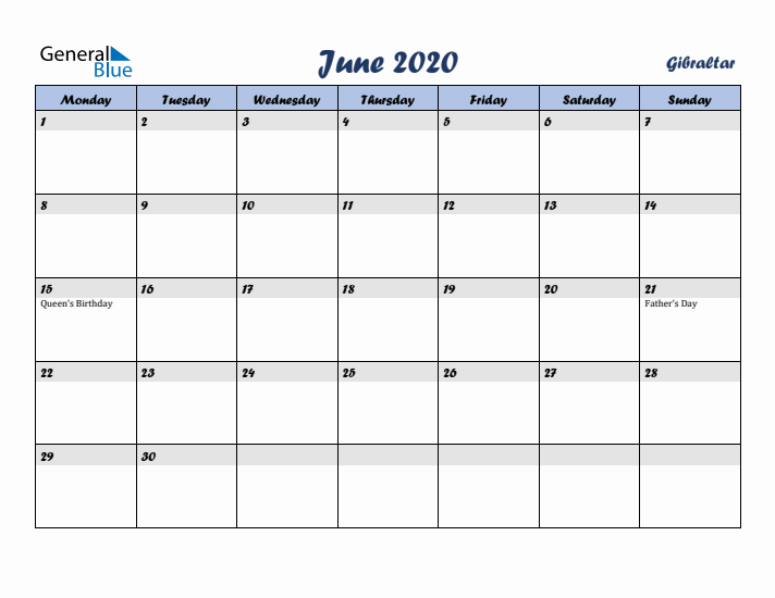 June 2020 Calendar with Holidays in Gibraltar