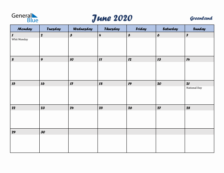 June 2020 Calendar with Holidays in Greenland