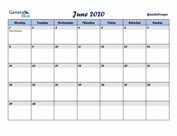 June 2020 Calendar with Holidays in Guadeloupe