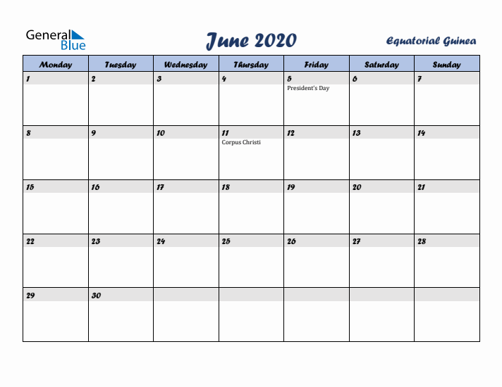 June 2020 Calendar with Holidays in Equatorial Guinea