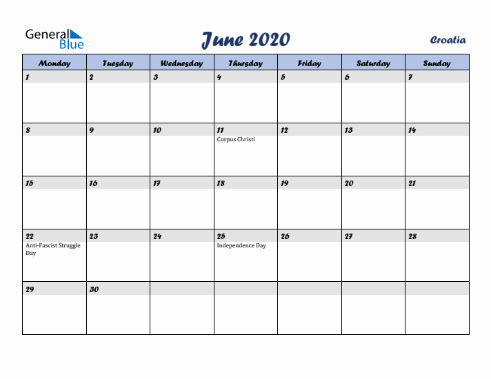 June 2020 Calendar with Holidays in Croatia