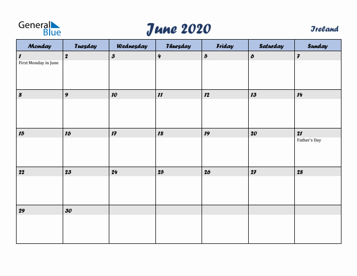 June 2020 Calendar with Holidays in Ireland