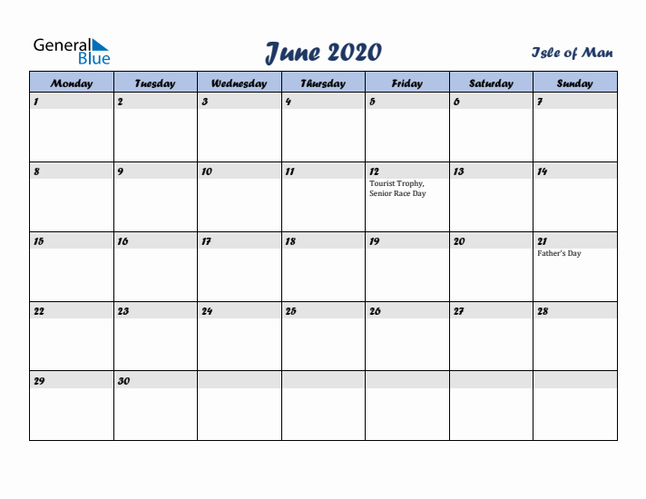 June 2020 Calendar with Holidays in Isle of Man