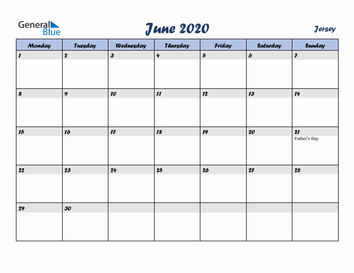 June 2020 Calendar with Holidays in Jersey