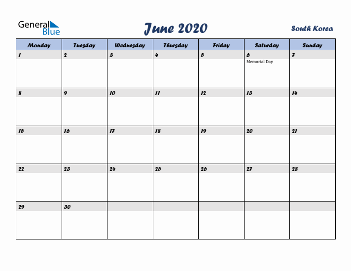 June 2020 Calendar with Holidays in South Korea