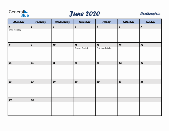 June 2020 Calendar with Holidays in Liechtenstein