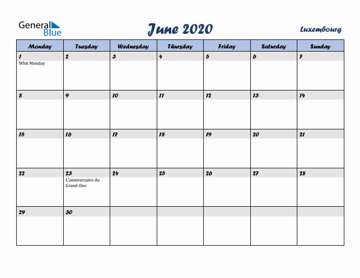 June 2020 Calendar with Holidays in Luxembourg