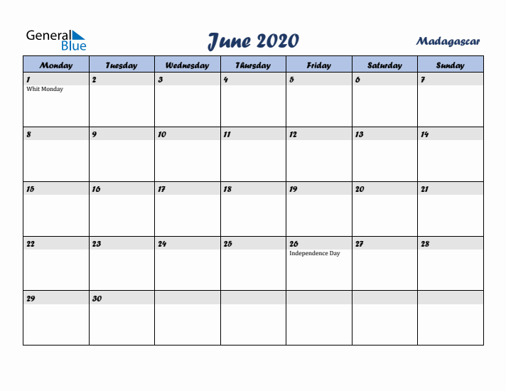 June 2020 Calendar with Holidays in Madagascar