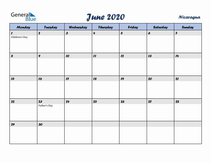 June 2020 Calendar with Holidays in Nicaragua