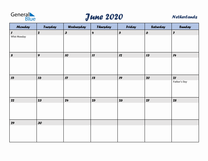 June 2020 Calendar with Holidays in The Netherlands