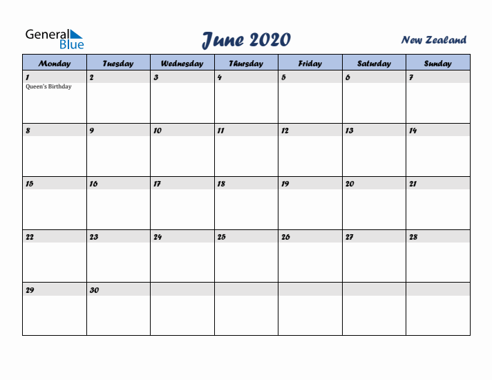 June 2020 Calendar with Holidays in New Zealand