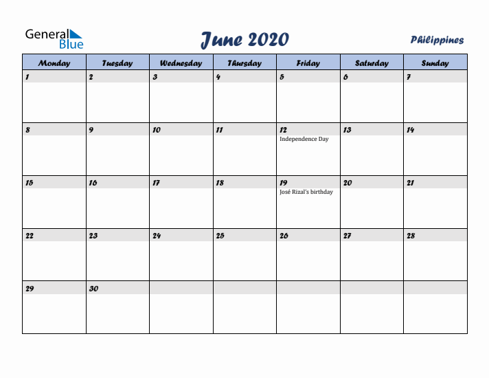 June 2020 Calendar with Holidays in Philippines