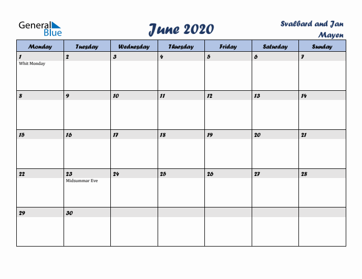 June 2020 Calendar with Holidays in Svalbard and Jan Mayen