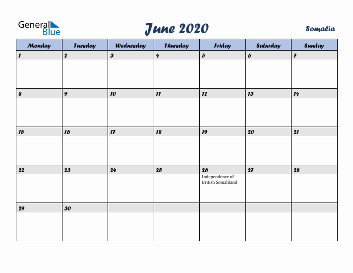 June 2020 Calendar with Holidays in Somalia