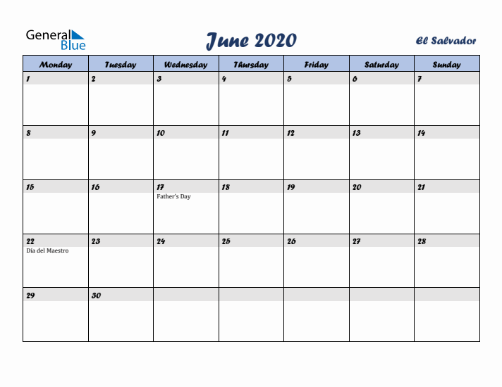 June 2020 Calendar with Holidays in El Salvador