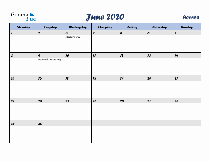June 2020 Calendar with Holidays in Uganda