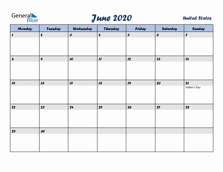 June 2020 Calendar with Holidays in United States