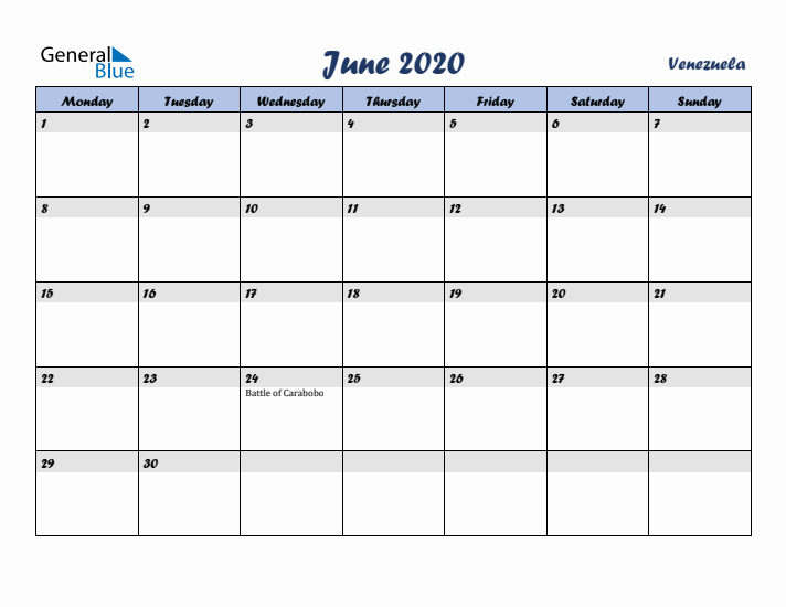 June 2020 Calendar with Holidays in Venezuela