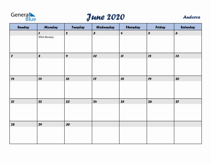 June 2020 Calendar with Holidays in Andorra