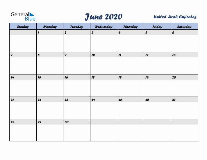 June 2020 Calendar with Holidays in United Arab Emirates