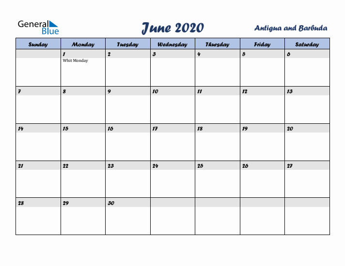 June 2020 Calendar with Holidays in Antigua and Barbuda