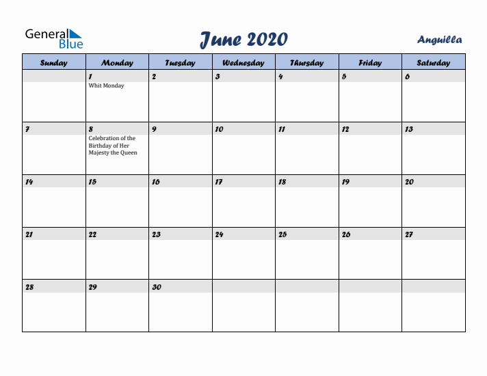 June 2020 Calendar with Holidays in Anguilla