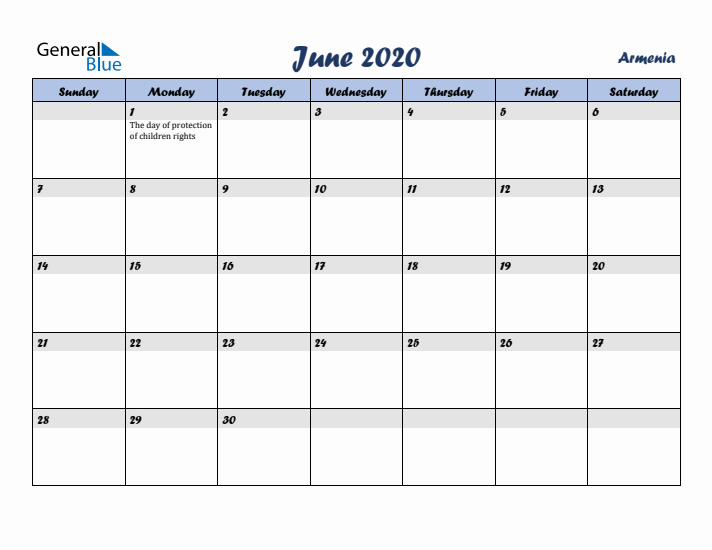 June 2020 Calendar with Holidays in Armenia