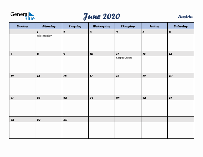 June 2020 Calendar with Holidays in Austria