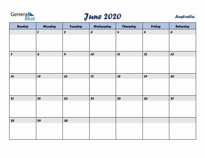 June 2020 Calendar with Holidays in Australia