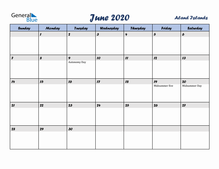June 2020 Calendar with Holidays in Aland Islands