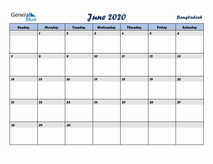 June 2020 Calendar with Holidays in Bangladesh