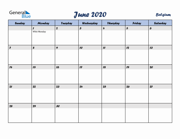 June 2020 Calendar with Holidays in Belgium