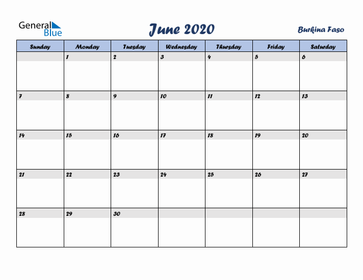 June 2020 Calendar with Holidays in Burkina Faso