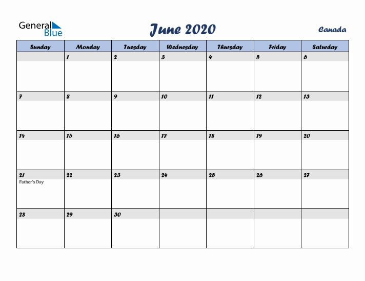 June 2020 Calendar with Holidays in Canada