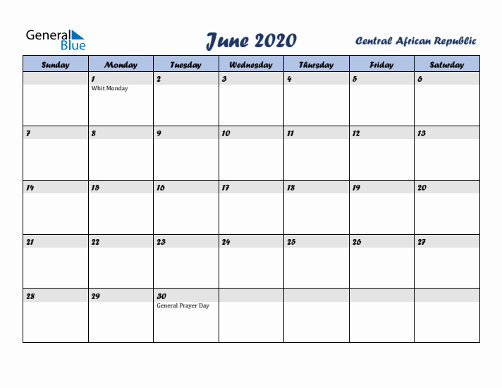 June 2020 Calendar with Holidays in Central African Republic