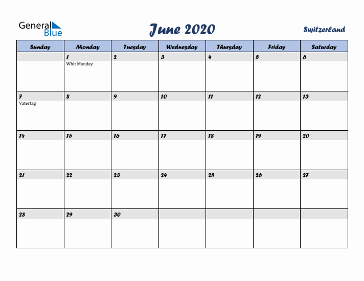 June 2020 Calendar with Holidays in Switzerland