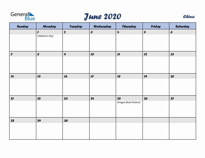 June 2020 Calendar with Holidays in China