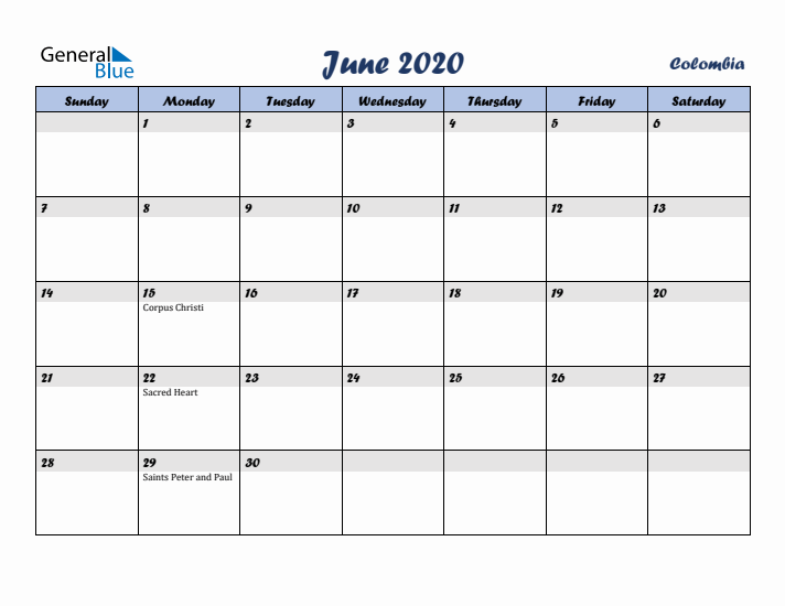 June 2020 Calendar with Holidays in Colombia