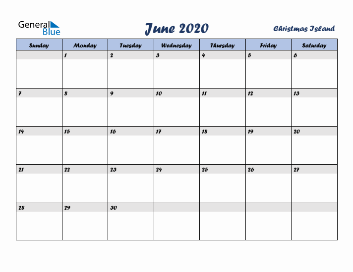 June 2020 Calendar with Holidays in Christmas Island