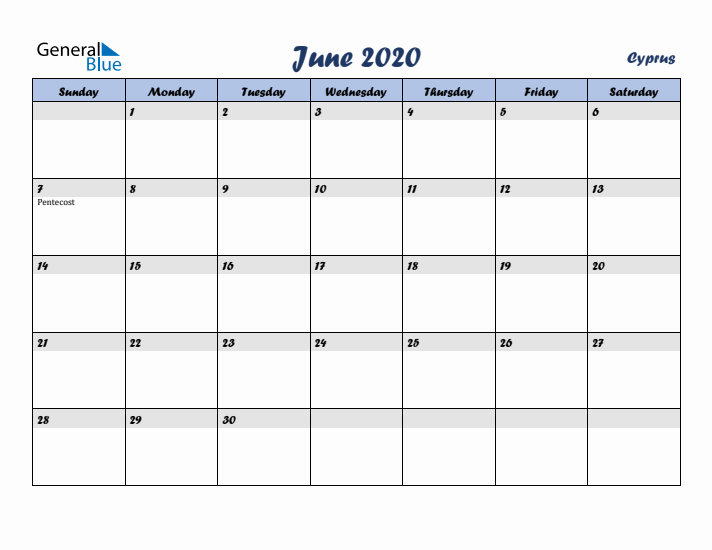 June 2020 Calendar with Holidays in Cyprus