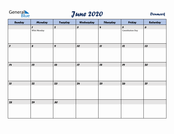 June 2020 Calendar with Holidays in Denmark