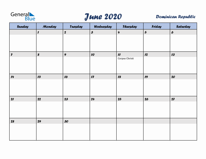 June 2020 Calendar with Holidays in Dominican Republic