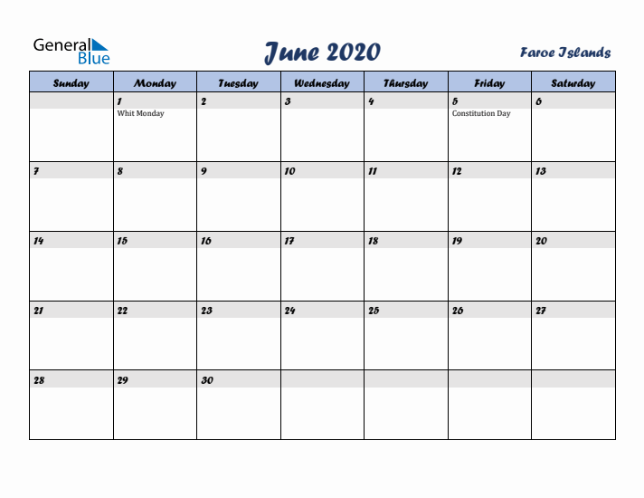 June 2020 Calendar with Holidays in Faroe Islands