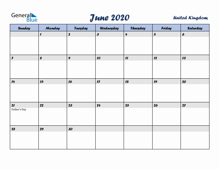 June 2020 Calendar with Holidays in United Kingdom